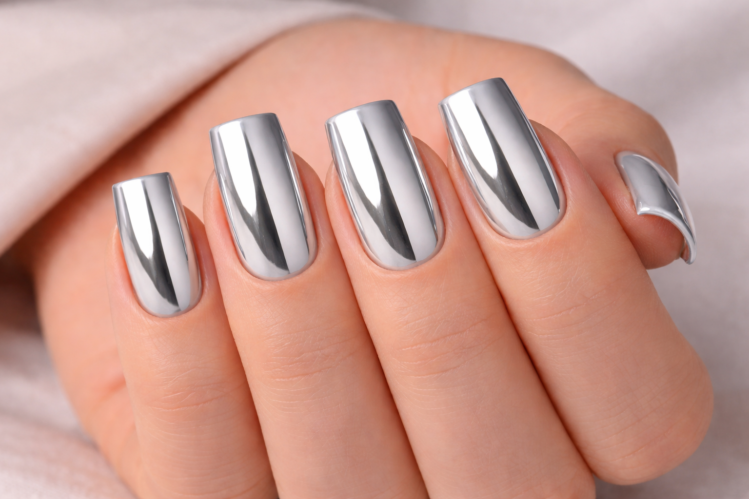 Дзеркальний манікюр кольору платини на квадратних нігтях середньої довжини