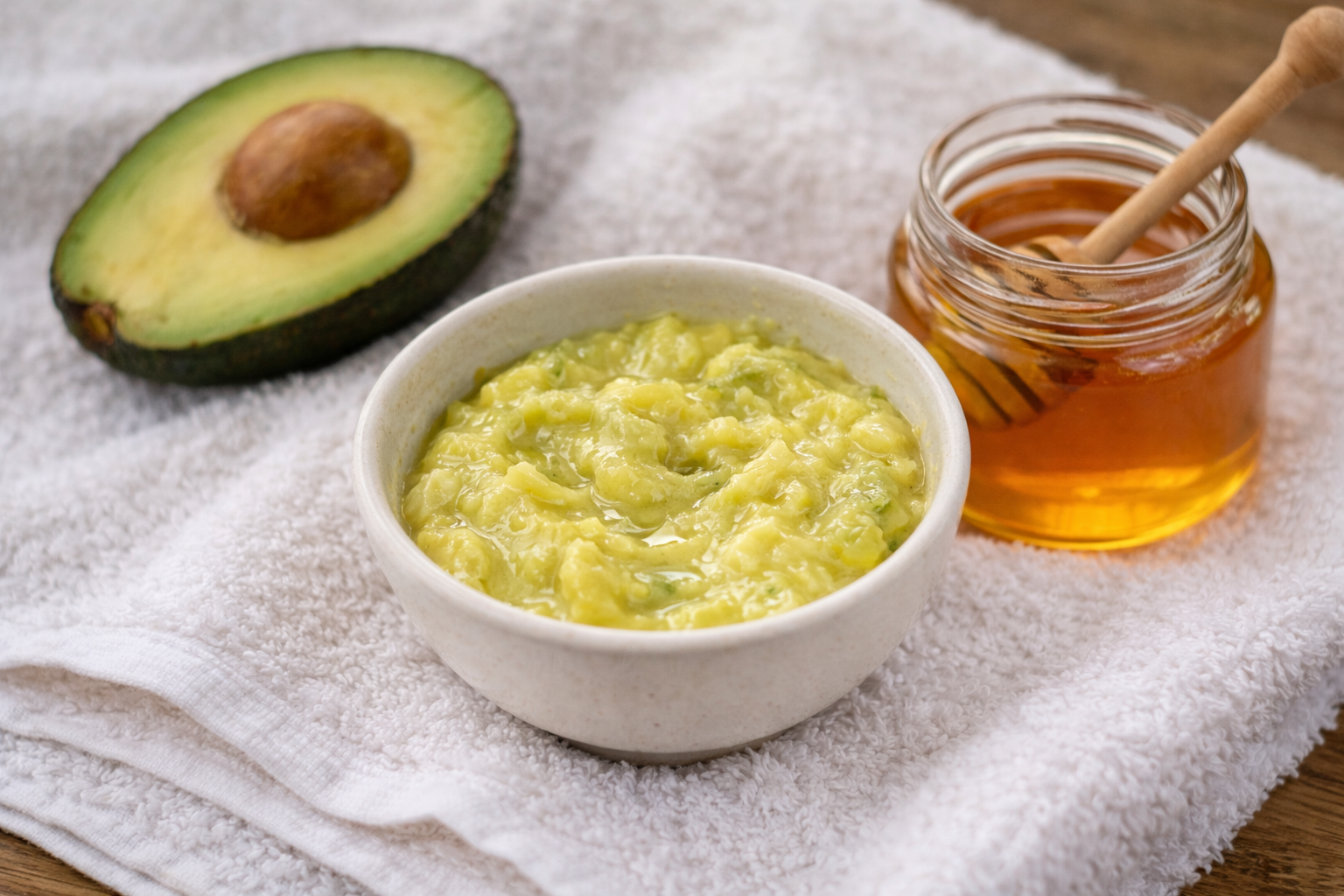 Домашня маска для обличчя з авокадо та меду в мисці на фоні рушника