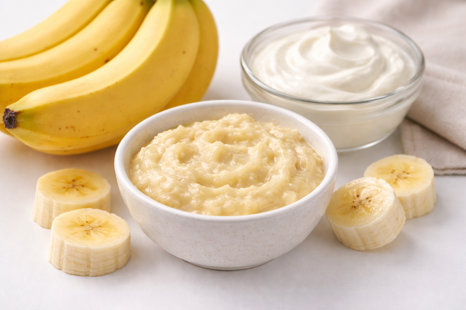 Бананова маска зі сметаною на білому тлі поруч зі свіжим бананом