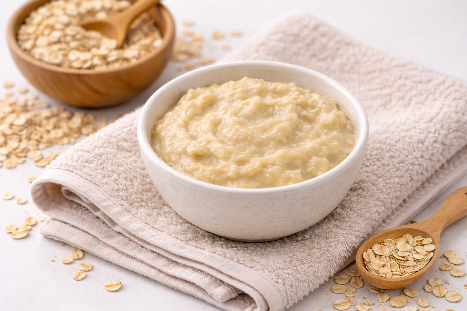 Вівсяна маска в чашці, на фоні бавовняного рушника і вівсяних пластівців
