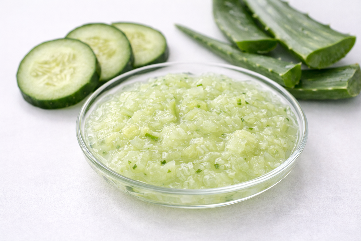 Огіркова маска з алое на скляній тарілці, поруч зі свіжими скибками огірка