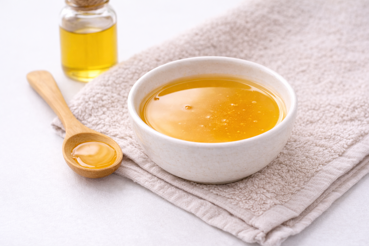 Маска з меду та олії жожоба в маленькій мисці, поруч – ложечка й рушник