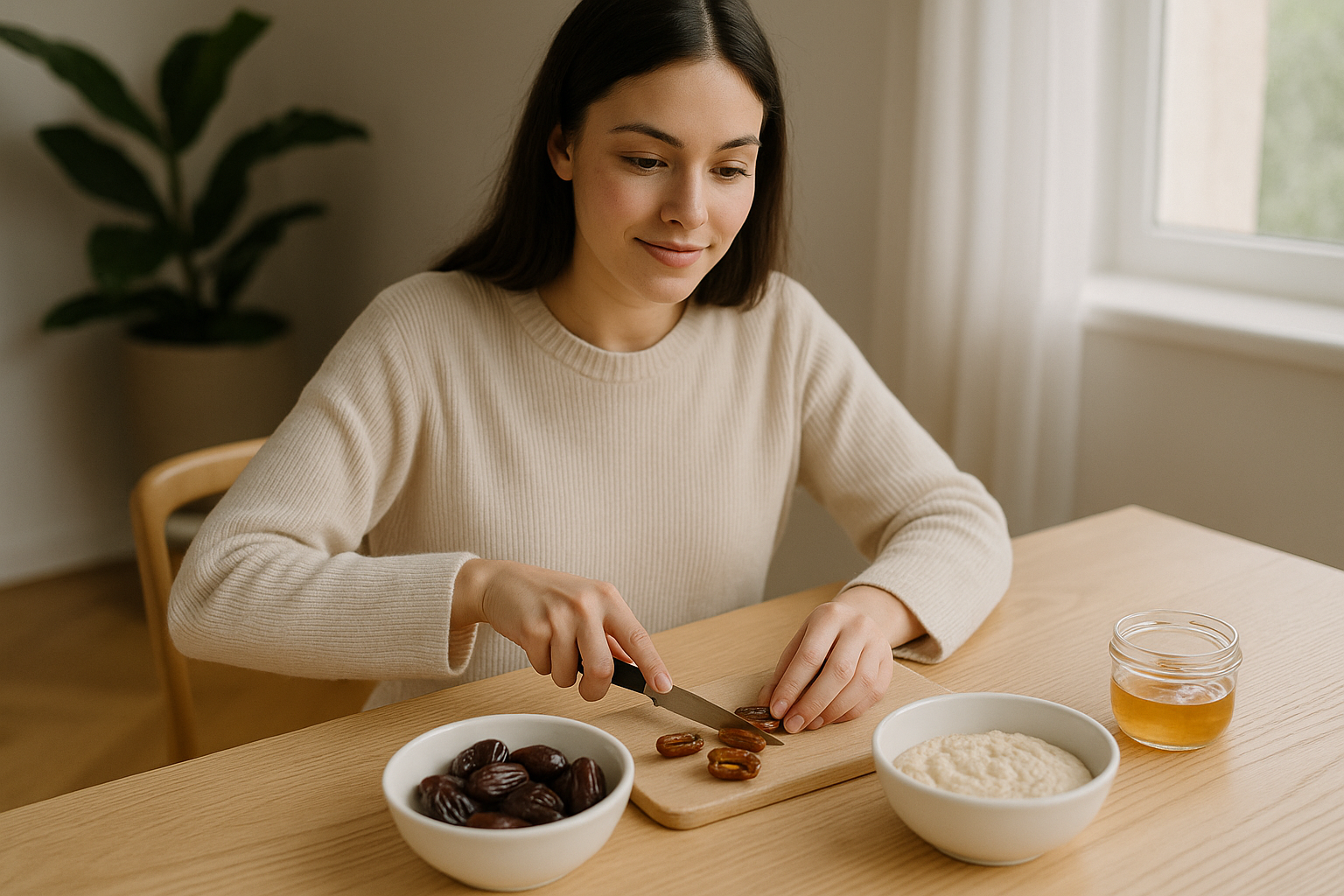 Дівчина ріже фініки 