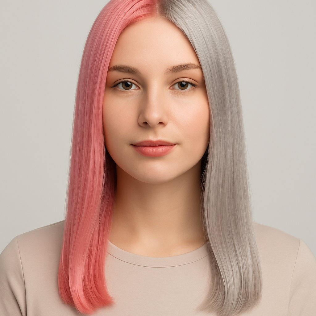 Дівчина з рожево-сріблястим спліт фарбуванням волосся, пряме волосся середньої довжини