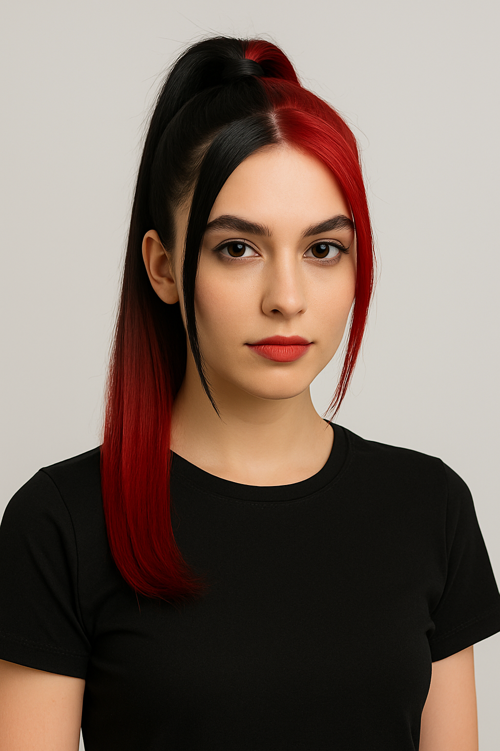 Дівчина з чорно-червоним фарбуванням волосся, зібраним у високий хвіст