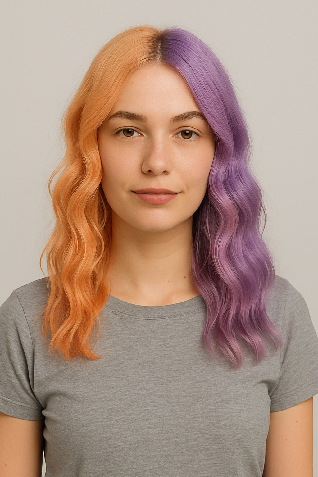 Спліт фарбування в персиковий і лавандовий кольори, легкі хвилі, повсякденний образ