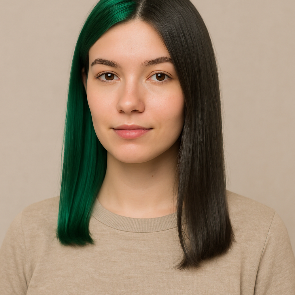 Спліт фарбування волосся в смарагдовий і графітовий відтінки, з прямим зрізом