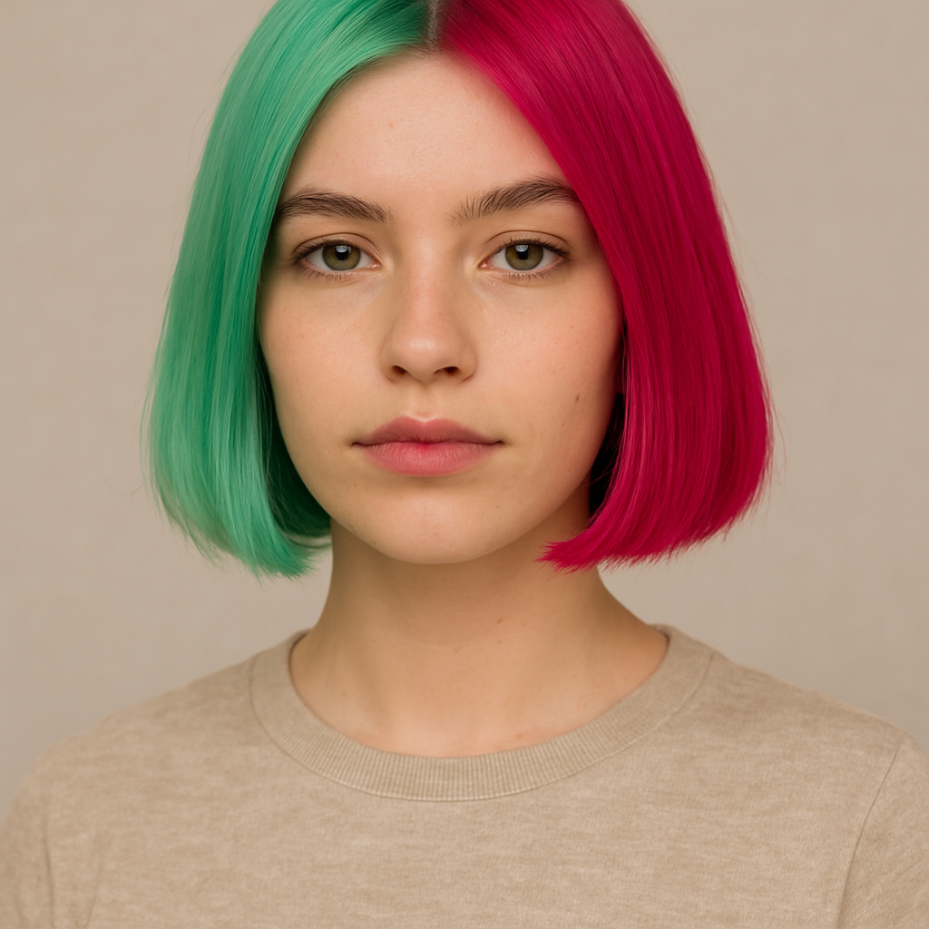 Яскраве спліт фарбування волосся в кольорах м’яти й фуксії, короткий каре